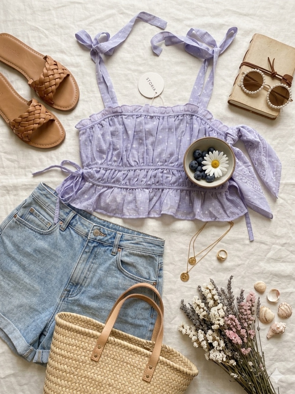 Storia‎ Lavender Tie-Shoulder Ruffle Crop Top